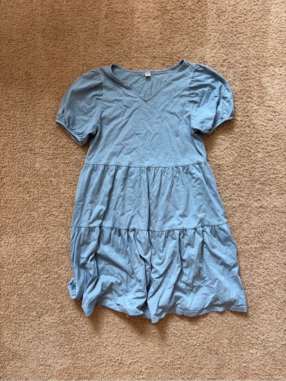 Uniqlo Light Blue V-Neck Tiered Puff Sleeve Dress